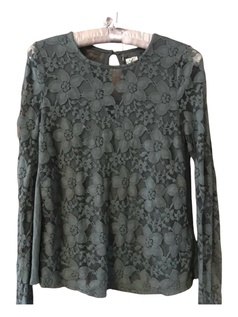 Hollister Forest Green Floral Lace Keyhole Blouse Top XS Holiday Date Night